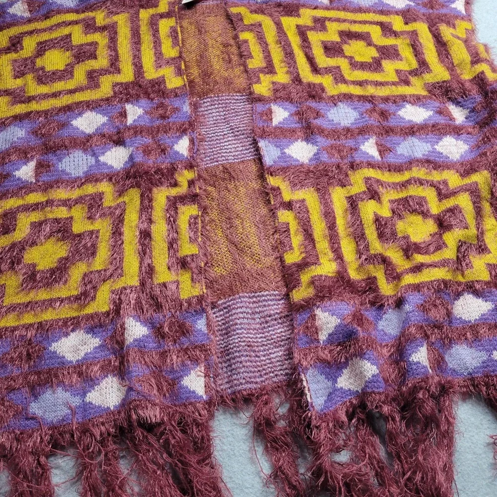 Free People Fuzzy Geometric Southwestern Fringe Poncho Wrap Purple Mustard OS